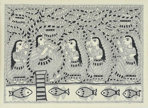 Alternate image for Black and White Madhubani Painting of Krishna and Radha Krishnas Song II