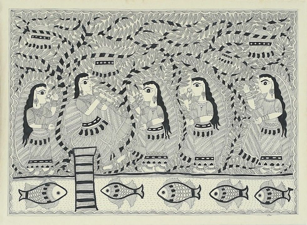 Black and White Madhubani Painting of Krishna and Radha 'Krishna's Song II'