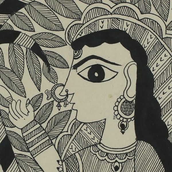 Alternate image for Black and White Madhubani Painting of Krishna and Radha Krishnas Song II