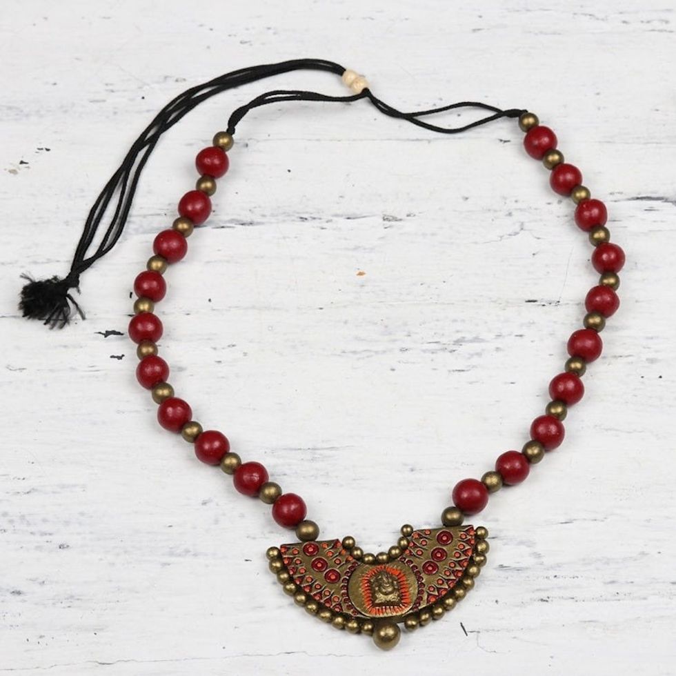 Red and Gold Divine Ganesha Ceramic Pendant Necklace 'Divine Ganesha'