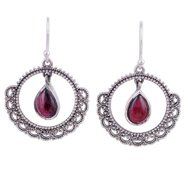 Alternate image for Cabochon Garnet Dangle Earrings in Sterling Silver Mughal Lace