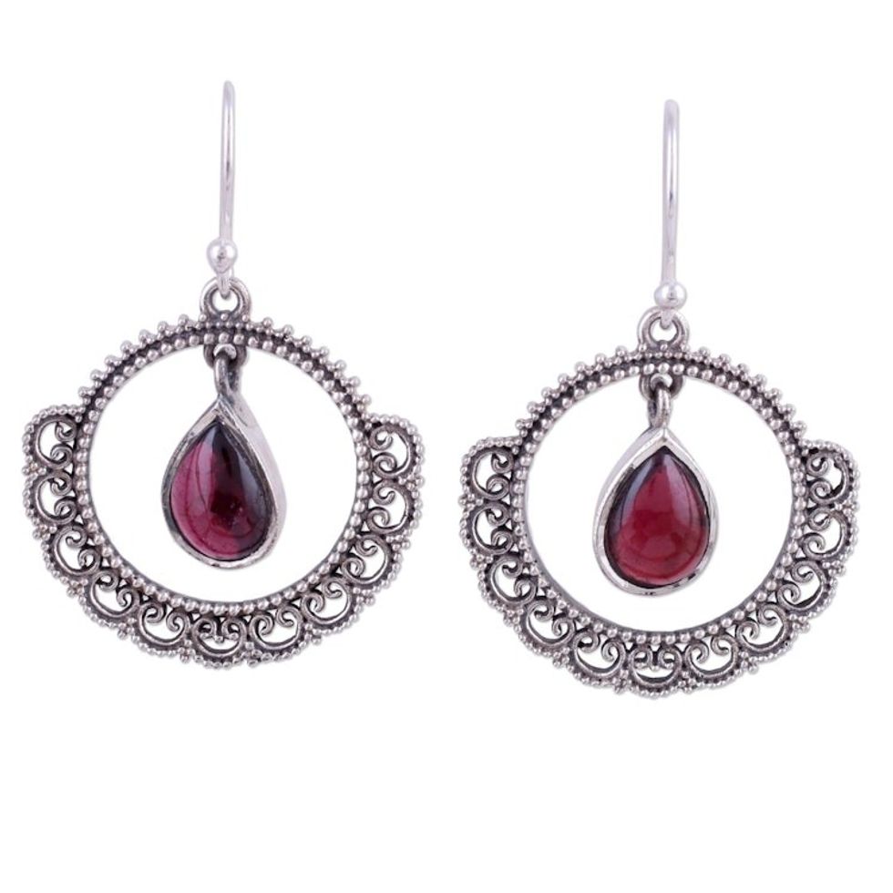Cabochon Garnet Dangle Earrings in Sterling Silver 'Mughal Lace'