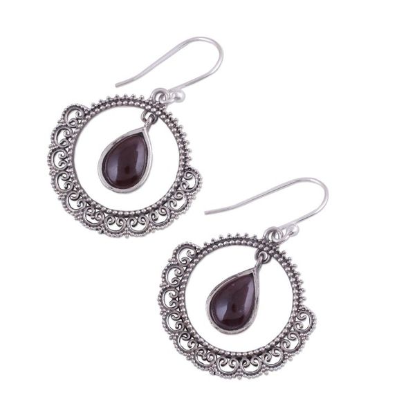 Alternate image for Cabochon Garnet Dangle Earrings in Sterling Silver Mughal Lace