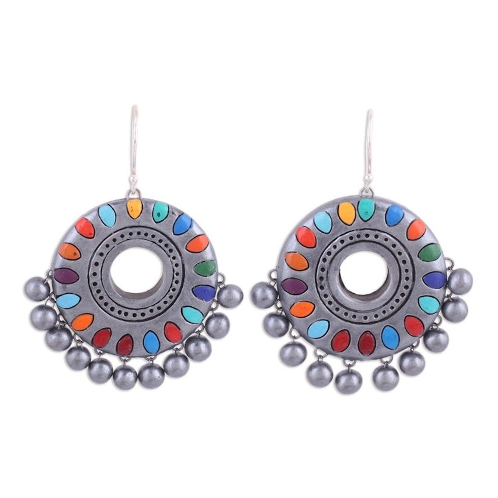 Multicolored Ceramic Dangle Earrings on Sterling Hooks 'Festive Days'