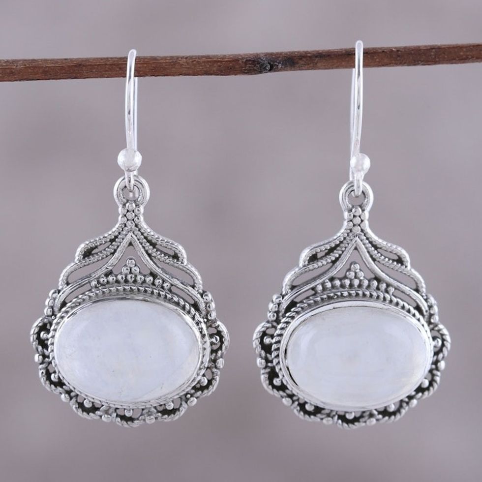 Natural Oval Rainbow Moonstone Dangle Earrings from India 'Jeweled Glory'