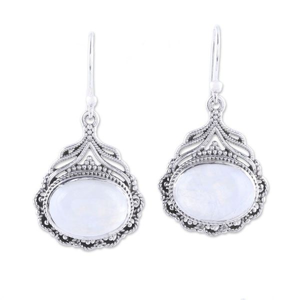 Alternate image for Natural Oval Rainbow Moonstone Dangle Earrings from India Jeweled Glory