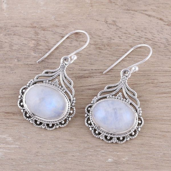 Alternate image for Natural Oval Rainbow Moonstone Dangle Earrings from India Jeweled Glory