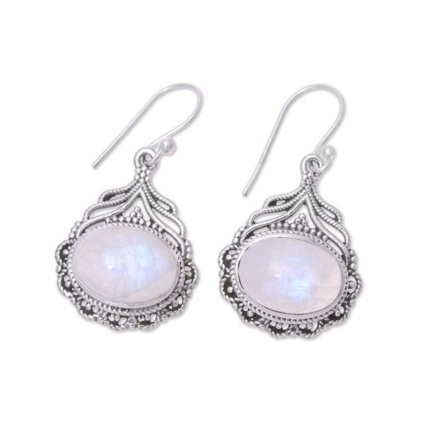 Alternate image for Natural Oval Rainbow Moonstone Dangle Earrings from India Jeweled Glory