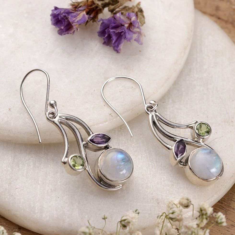 Multi-Gemstone Dangle Earrings from India 'Triple Fascination'
