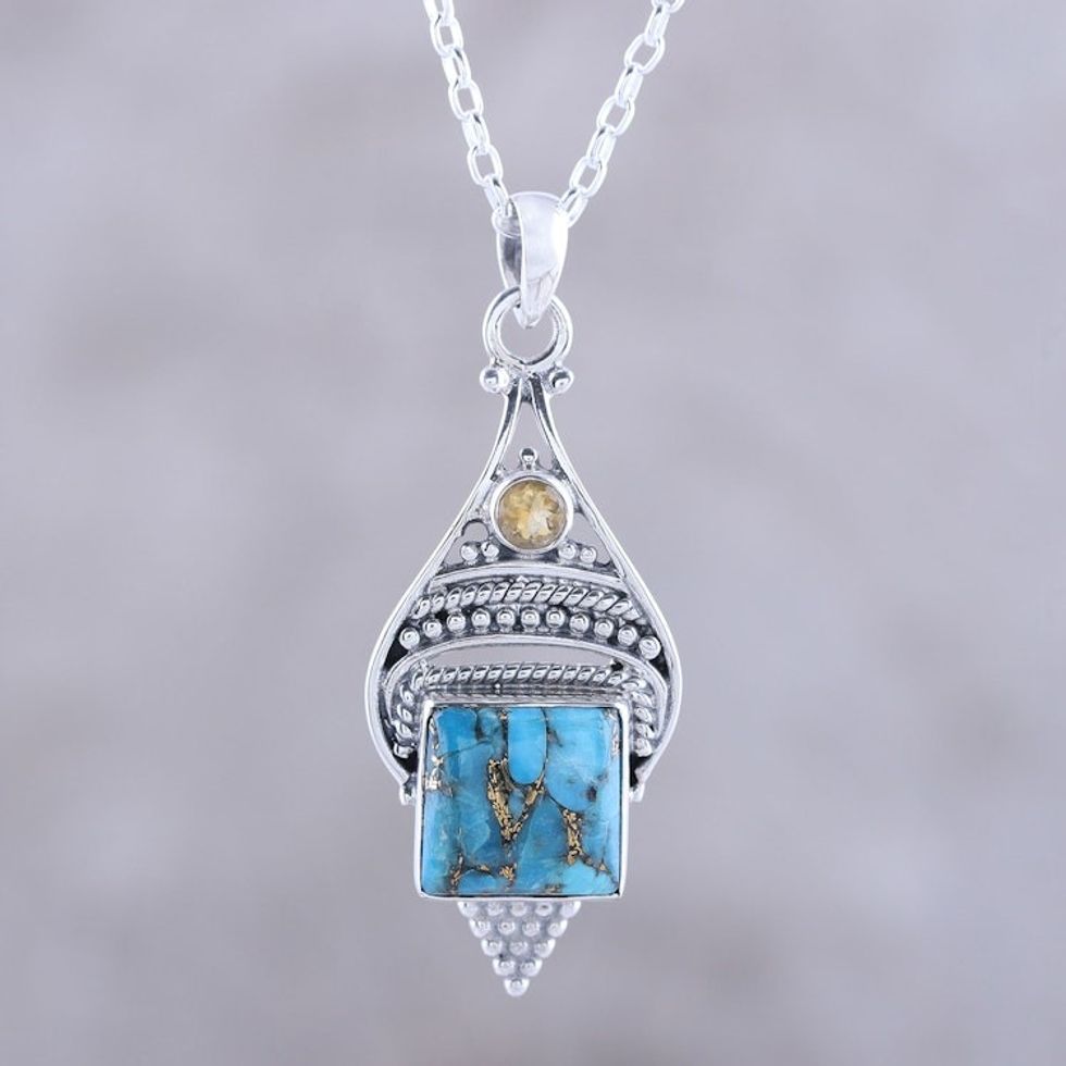Citrine and Composite Turquoise Pendant Necklace from India 'Mythic Ocean'