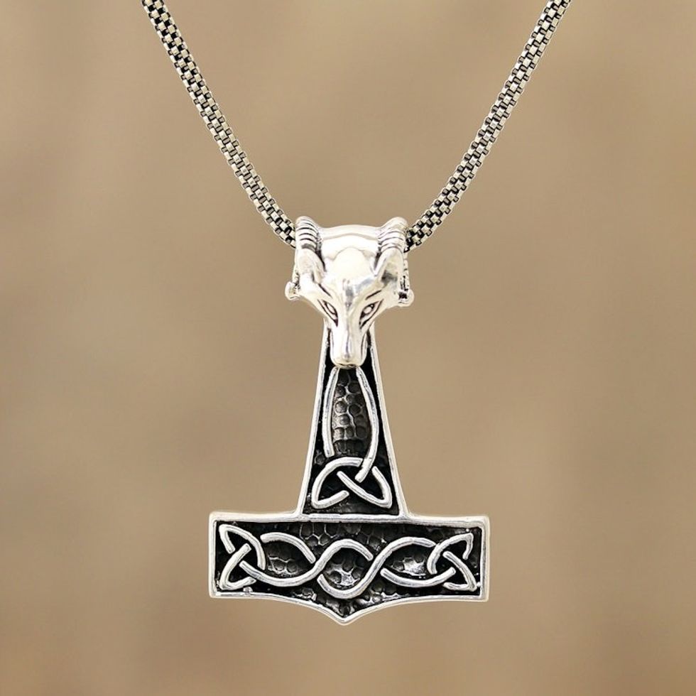 Fox-Themed Sterling Silver Thor's Hammer Necklace from India 'Thor Fox'