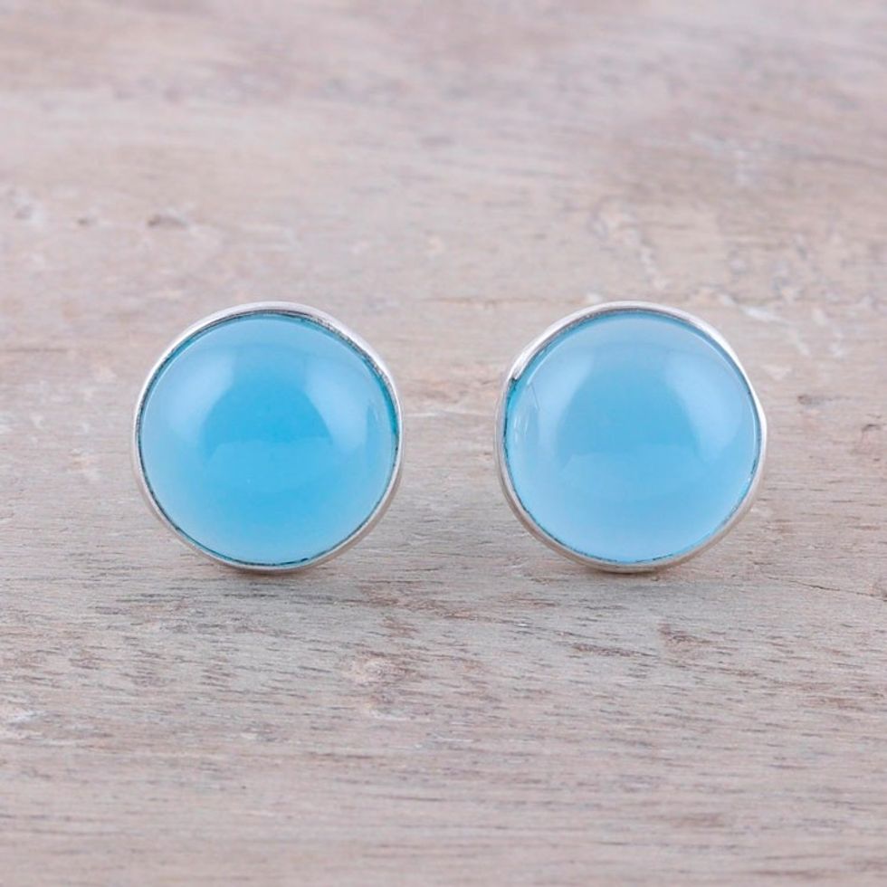Chalcedony Stud Earrings in Blue from India 'Moonlight Peace in Blue'