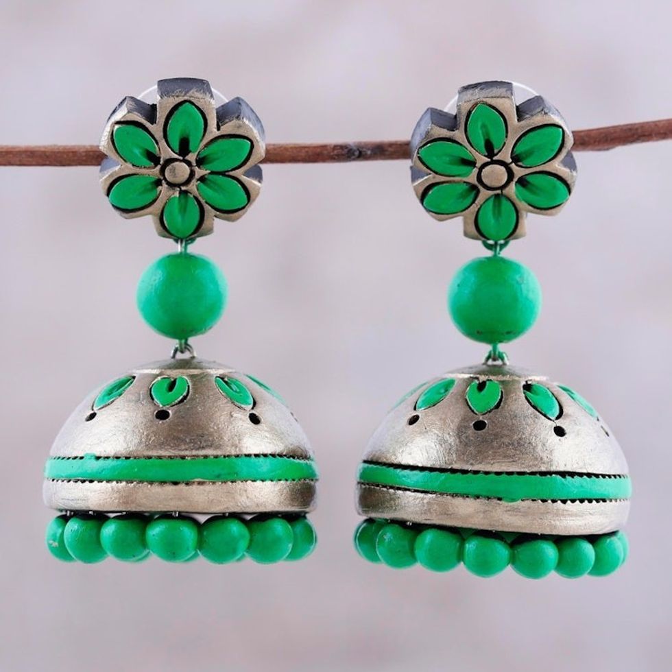 Ceramic Dangle Earrings with Green Floral Motifs from India 'Green Garden'