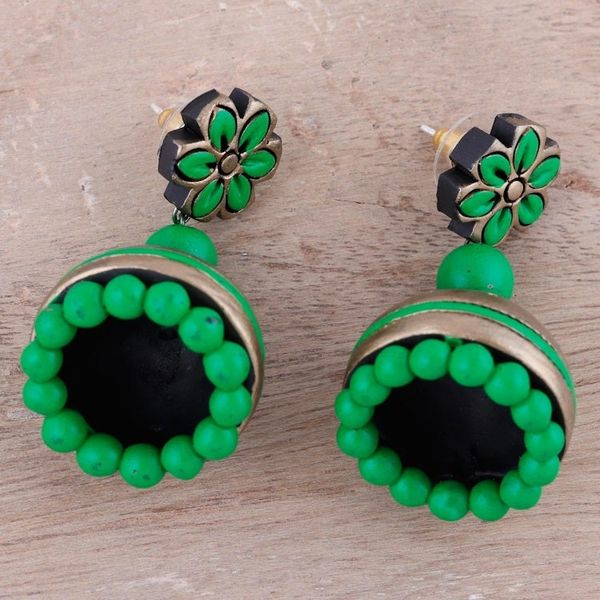 Alternate image for Ceramic Dangle Earrings with Green Floral Motifs from India Green Garden