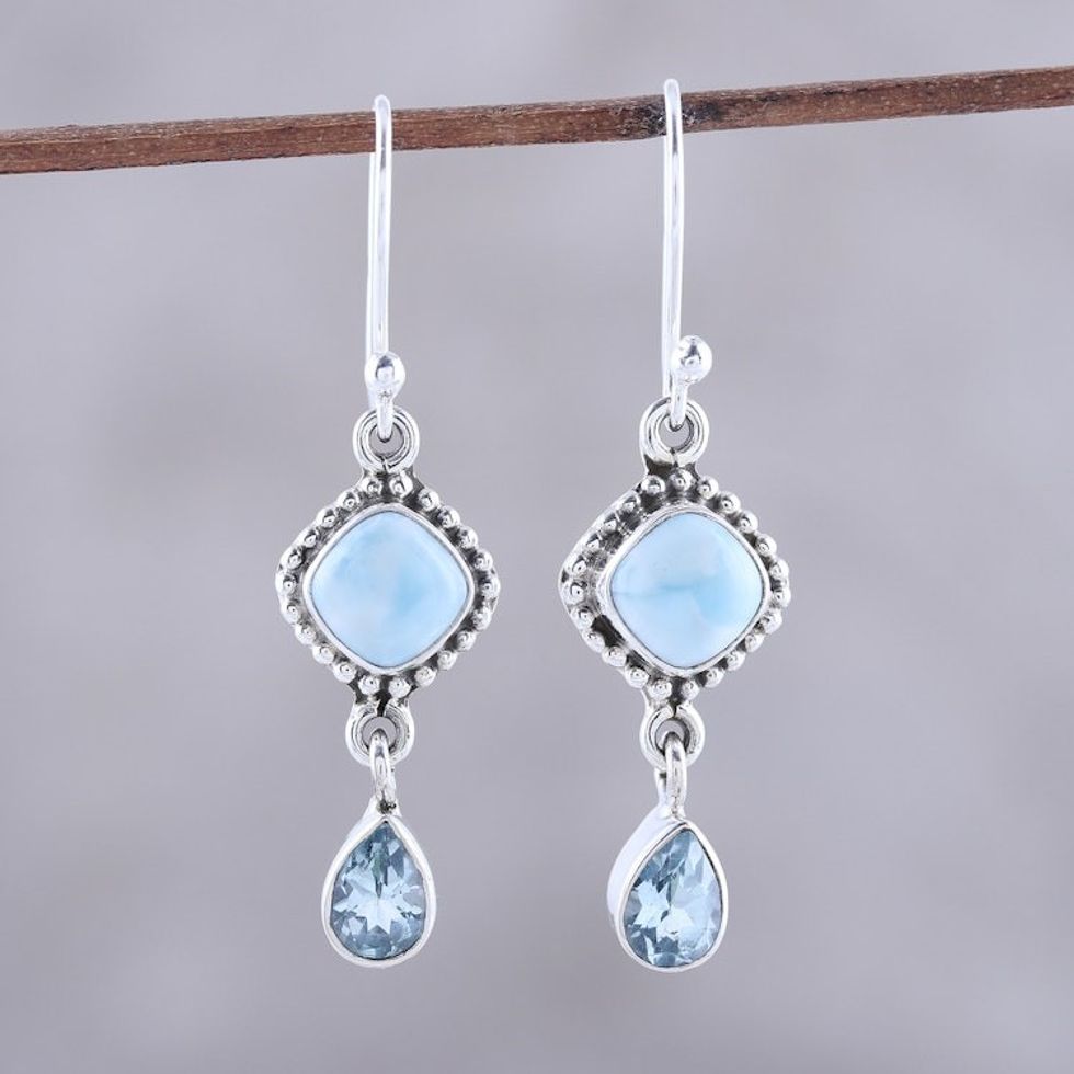 Larimar and Blue Topaz Dangle Earrings from India 'Queen of Diamonds'