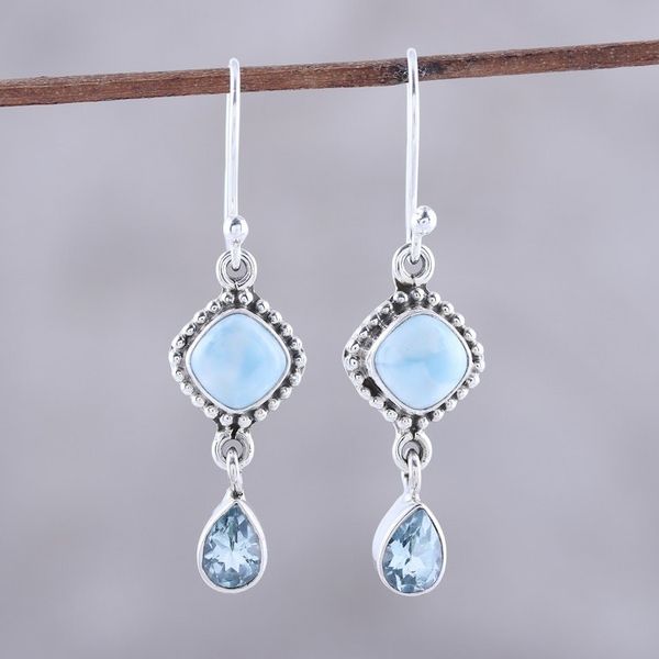 Alternate image for Larimar and Blue Topaz Dangle Earrings from India Queen of Diamonds