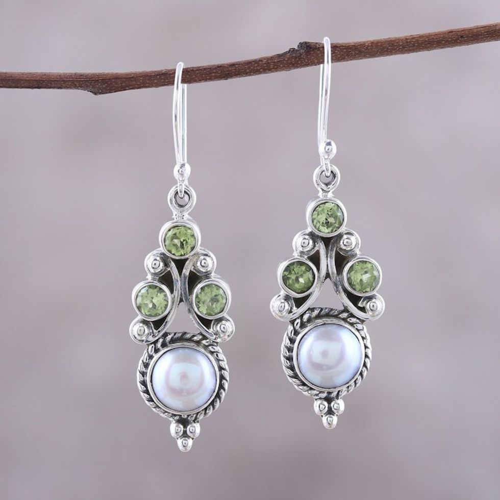Peridot and Cultured Pearl Dangle Earrings from India 'Verdant Castle'