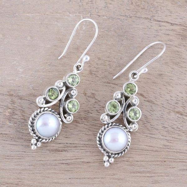 Alternate image for Peridot and Cultured Pearl Dangle Earrings from India Verdant Castle
