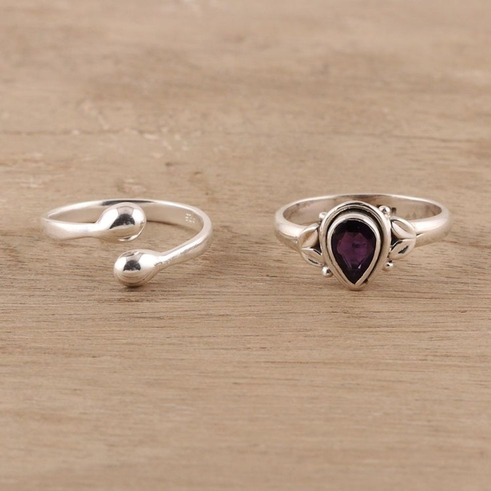 Amethyst and Sterling Silver Rings Crafted in India Pair 'Gemstone Radiance'