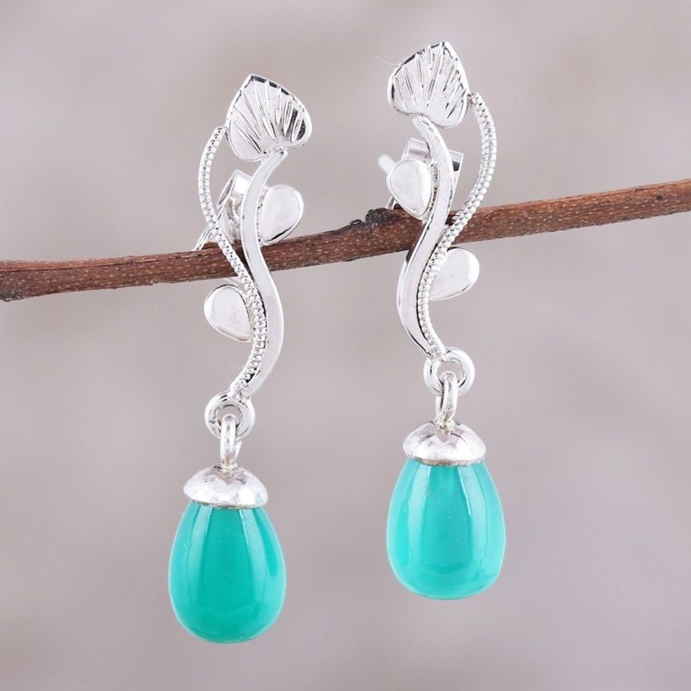 Green Onyx Rhodium-Plated Sterling Silver Dangle Earrings 'Dew on the Vine'