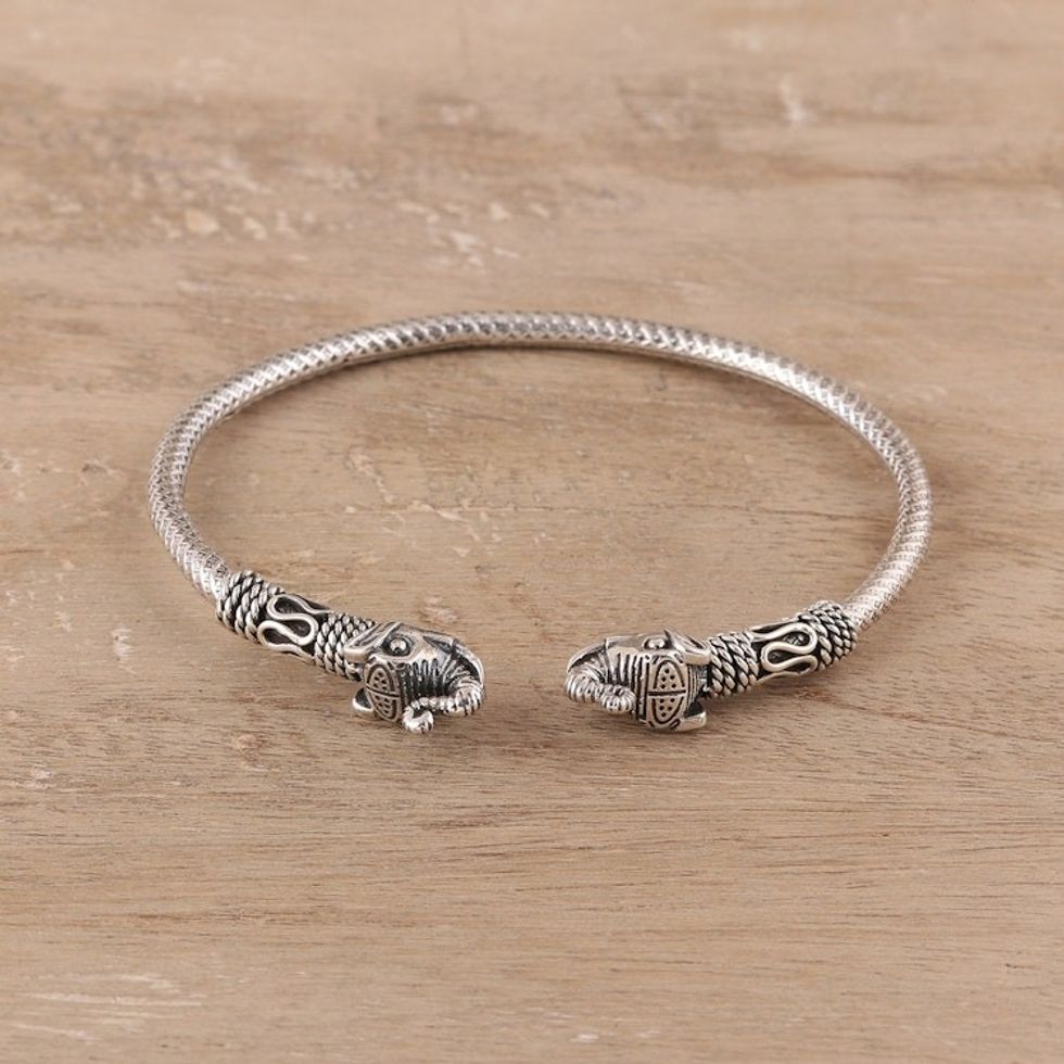Elephant Sterling Silver Cuff Bracelet from India 'Welcome Elephant'