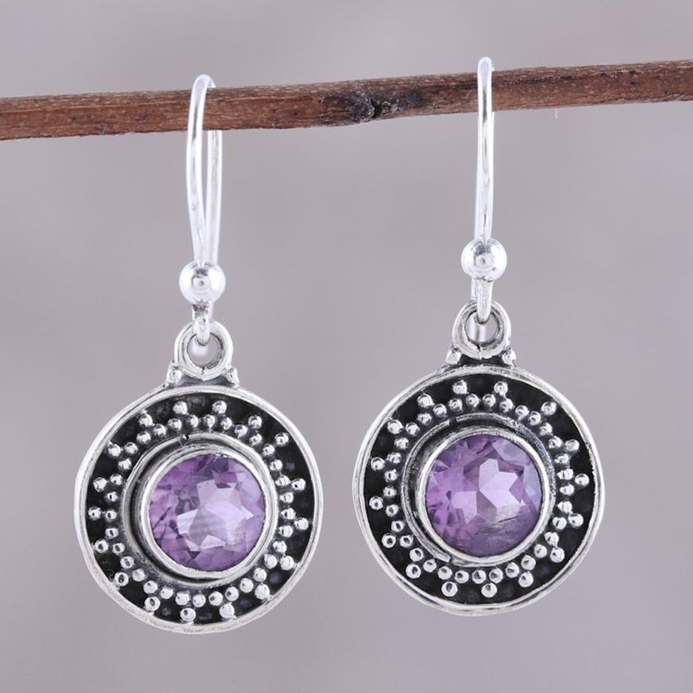 Circular Amethyst Dangle Earrings from India 'Circular Sparkle'