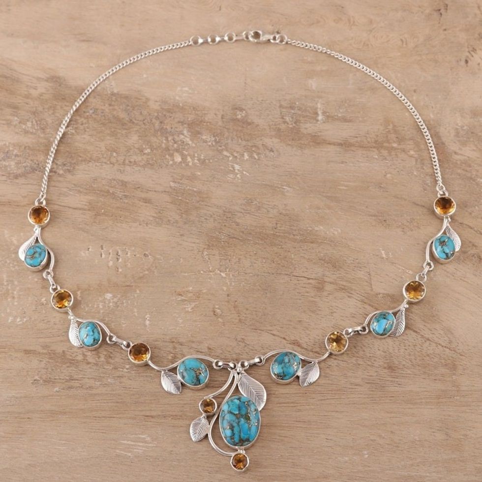 Citrine and Composite Turquoise Link Pendant Necklace 'Dew Blossom'