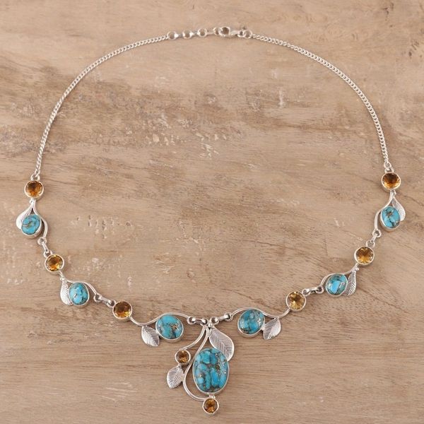 Alternate image for Citrine and Composite Turquoise Link Pendant Necklace Dew Blossom