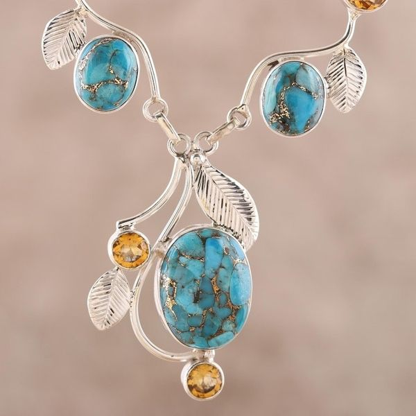 Alternate image for Citrine and Composite Turquoise Link Pendant Necklace Dew Blossom