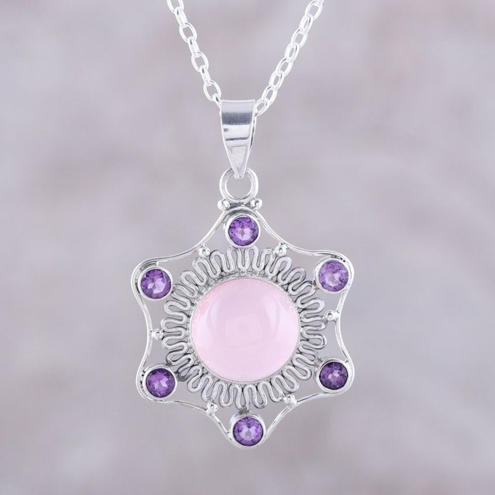 Pink Chalcedony and Amethyst Pendant Necklace from India 'Charismatic Beauty'
