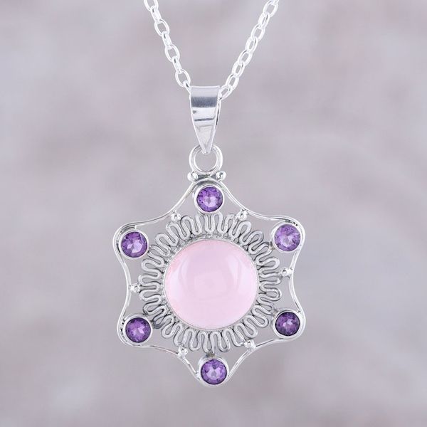 Alternate image for Pink Chalcedony and Amethyst Pendant Necklace from India Charismatic Beauty