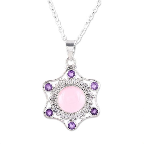 Alternate image for Pink Chalcedony and Amethyst Pendant Necklace from India Charismatic Beauty