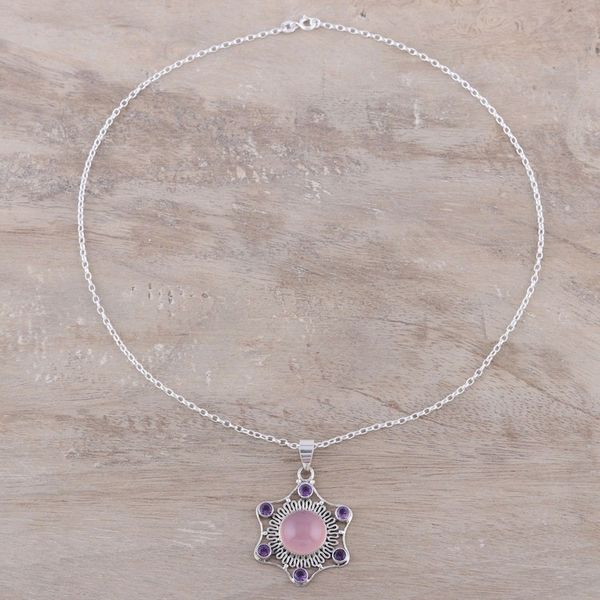 Alternate image for Pink Chalcedony and Amethyst Pendant Necklace from India Charismatic Beauty
