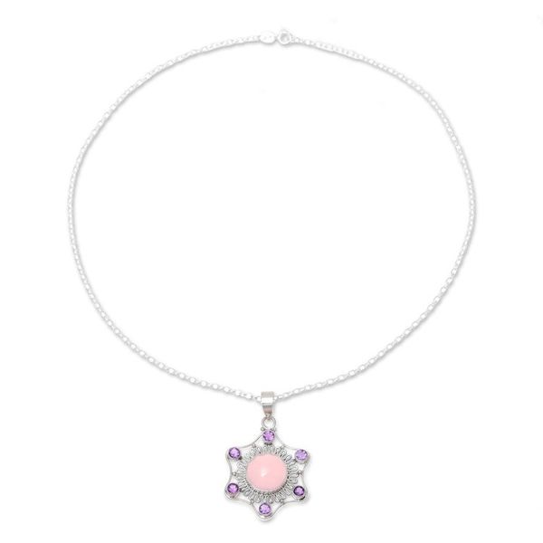 Alternate image for Pink Chalcedony and Amethyst Pendant Necklace from India Charismatic Beauty