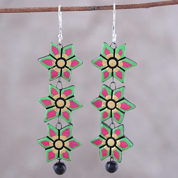 Alternate image for Hand-Painted Floral Ceramic Dangle Earrings from India Dazzling Daffodils