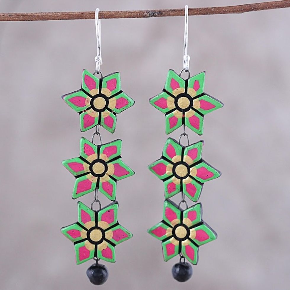 Hand-Painted Floral Ceramic Dangle Earrings from India 'Dazzling Daffodils'
