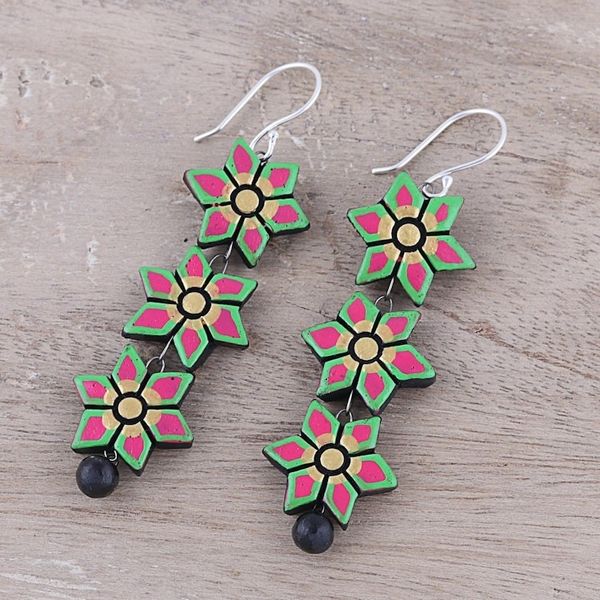Alternate image for Hand-Painted Floral Ceramic Dangle Earrings from India Dazzling Daffodils