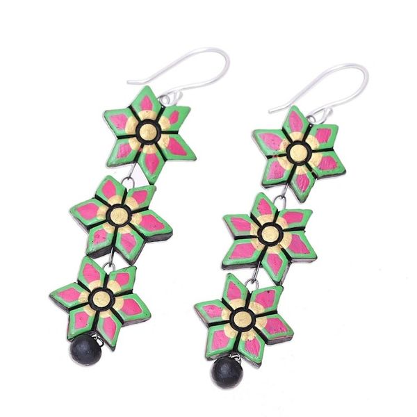 Alternate image for Hand-Painted Floral Ceramic Dangle Earrings from India Dazzling Daffodils