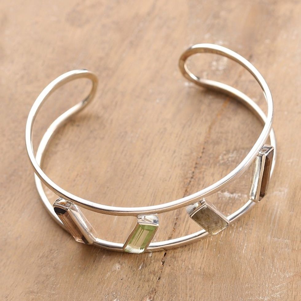 Multi-Gemstone and Sterling Silver Modern Cuff Bracelet 'Tilted Windows'