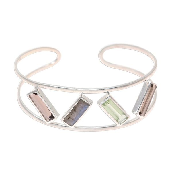 Alternate image for Multi-Gemstone and Sterling Silver Modern Cuff Bracelet Tilted Windows
