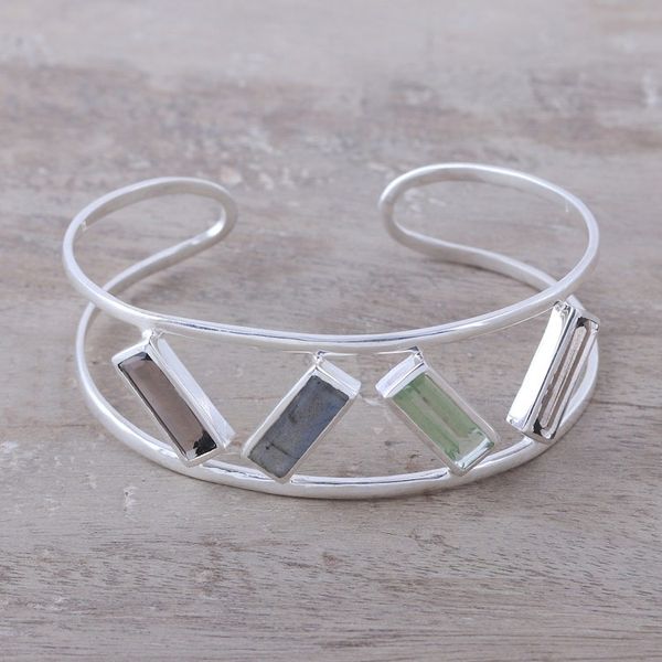Alternate image for Multi-Gemstone and Sterling Silver Modern Cuff Bracelet Tilted Windows