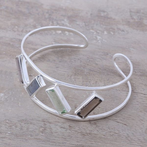 Alternate image for Multi-Gemstone and Sterling Silver Modern Cuff Bracelet Tilted Windows