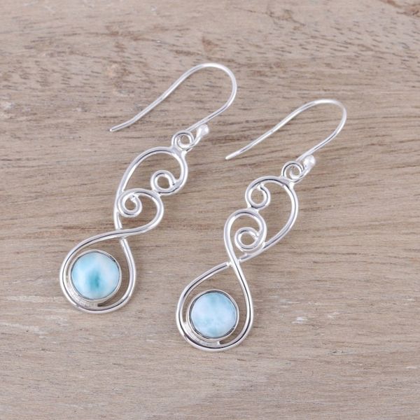 Alternate image for Sterling Silver and Blue White Larimar Dangle Earrings Sky Swirl