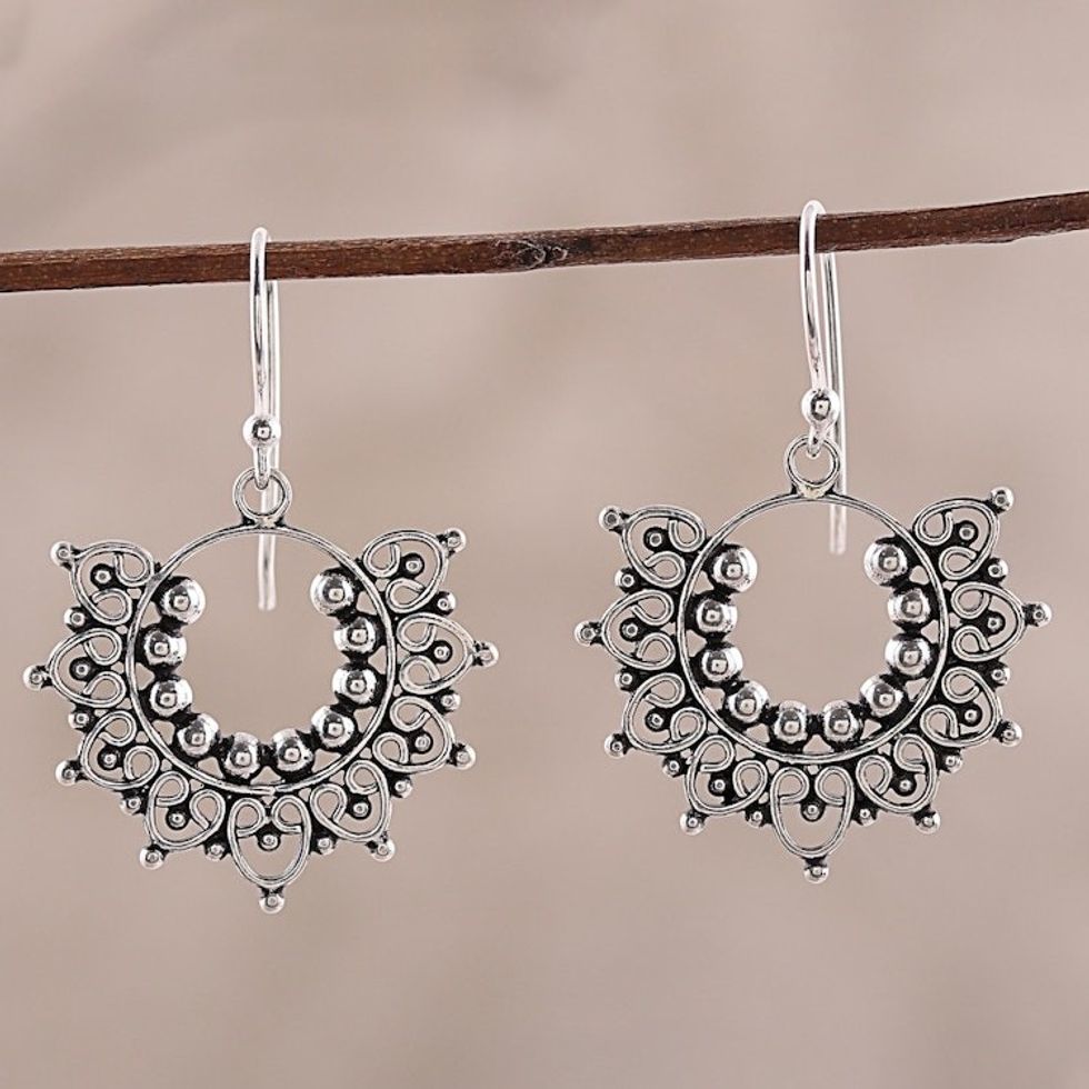 Handcrafted Sterling Silver Dangle Earrings from India 'Glorious Design'