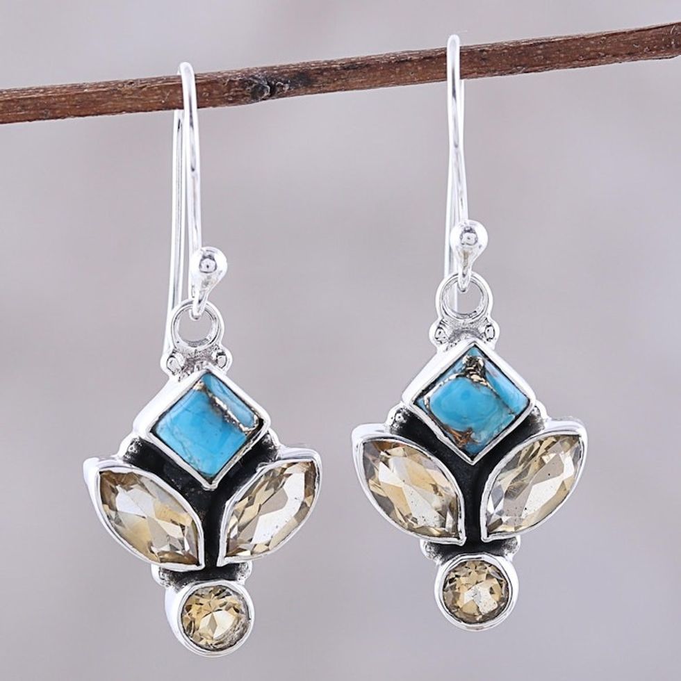 Citrine and Composite Turquoise Dangle Earrings from India 'Sparkling Unity'