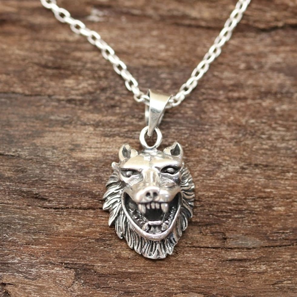 Sterling Silver Wolf Pendant Necklace from India 'Fascinating Wolf'