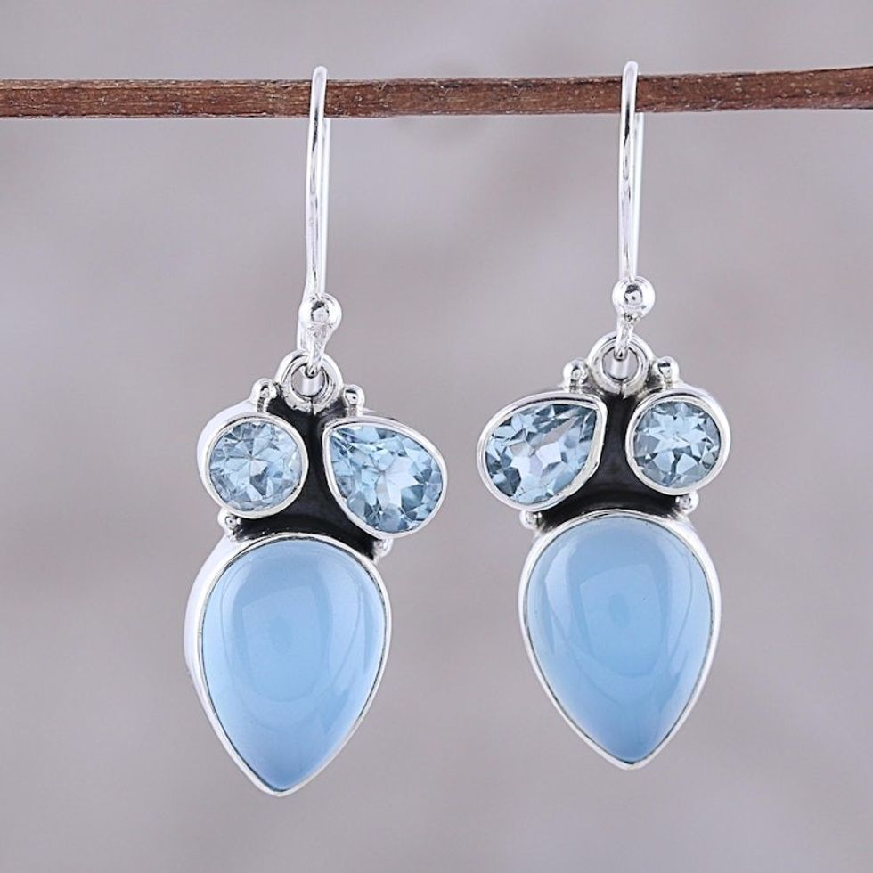 Sterling Silver Blue Topaz and Chalcedony Dangle Earrings 'Oceanic Dazzle'