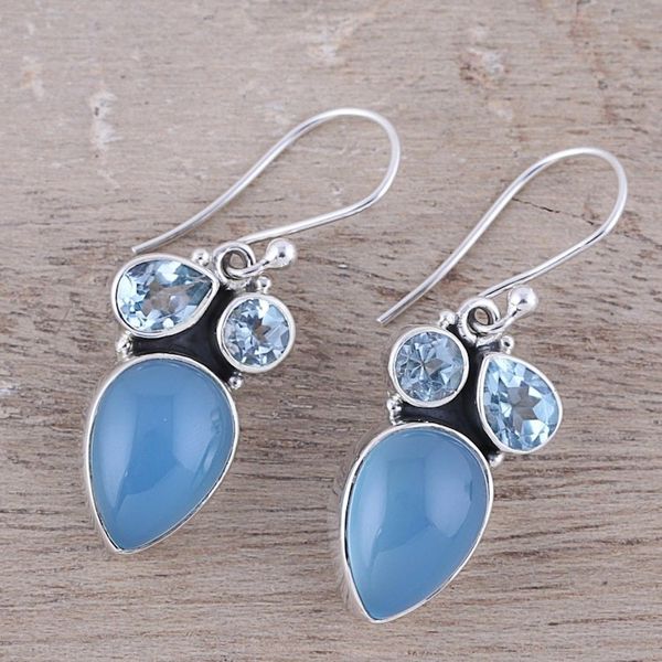 Alternate image for Sterling Silver Blue Topaz and Chalcedony Dangle Earrings Oceanic Dazzle