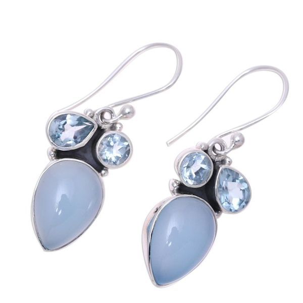 Alternate image for Sterling Silver Blue Topaz and Chalcedony Dangle Earrings Oceanic Dazzle