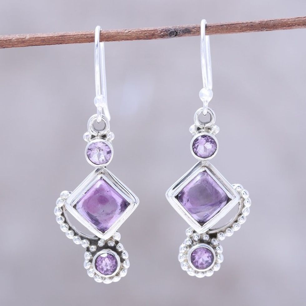 Amethyst and Sterling Silver Dangle Earrings from India 'Beauty of the Heavens'